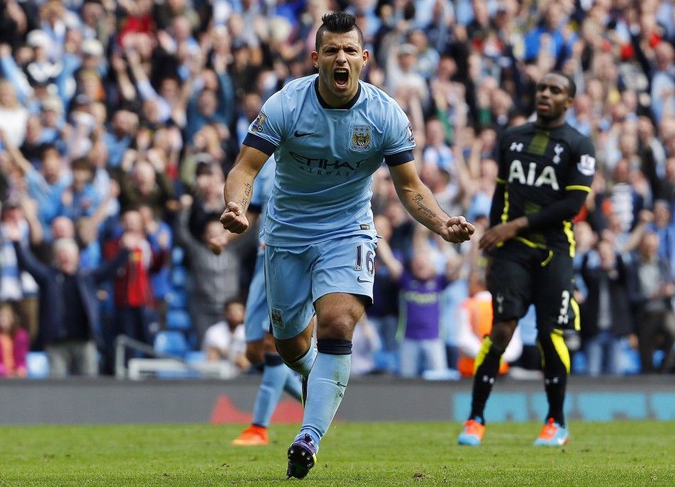 Manchester Citys Sergio Aguero celebrates scoring his third goal during their English Premier League soccer match against Tottenham Hotspur at the Etihad Stadium in Manchester, northern England October 18, 2014. 