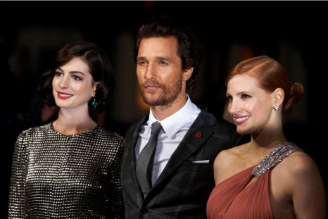 Actors Anne Hathaway (L), Matthew McConaughey and Jessica Chastain arrive for the European premiere of &quot;Interstellar&quot;