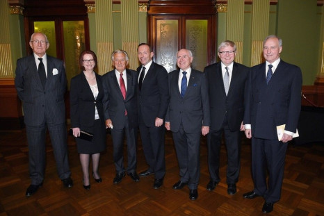 Former Australian Prime Ministers (L-R) Malcolm Fraser, Julia Gillard, Bob Hawke, current Prime Minister Tony Abbott, John Howard, Kevin Rudd and Paul Keating assemble for a photograph at the completion of a memorial service for former Prime Minister Goug