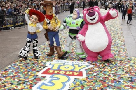 Characters from Disney and Pixar's &quot;Toy Story 3&quot; (L-R) Jessie, Woody, Buzz Lightyear and Lot's-O-Huggin' Bear pose at the UK premiere in Leicester Square