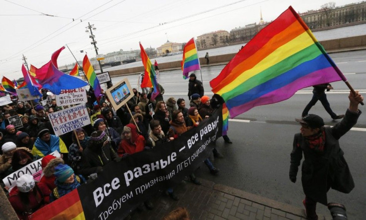 Gay activists take part in a protest event called &quot;March against Hatred&quot; in St. Petersburg November 2, 2014. The activists are marching in opposition towards the aggressive Russian government policy due to the war in Ukraine. REUTERS/Alexander D