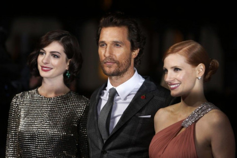 Actors Anne Hathaway (L), Matthew McConaughey and Jessica Chastain arrive for the European premiere of &quot;Interstellar&quot; in Leicester Square in London October 29, 2014.