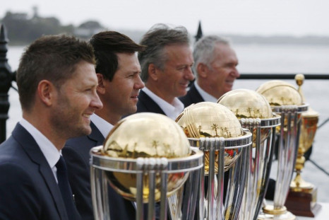 Australian cricket team captain Michael Clarke (L) gathers with Australian Cricket World Cup-winning captains