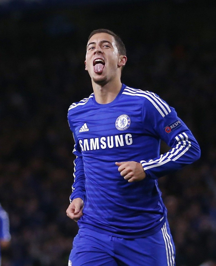 Chelsea's Eden Hazard celebrates after scoring Chelsea's sixth goal during their Champions League Group G soccer match against Maribor at Stamford Bridge in London October 21, 2014.