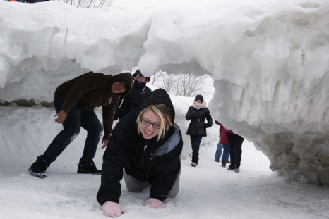 Sightseers make their way under an arch formed by shove ice piling up on the shores of Lake Erie, in Crystal Beach, Ontario February 17, 2014. A cool autumn and early winter combined with polar vortexes helped lake ice build up weeks earlier than normal, 