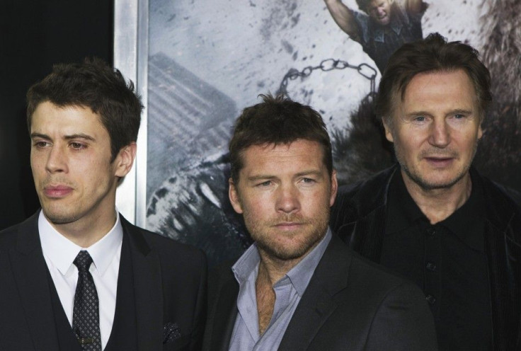 Cast members Liam Neeson (R), Toby Kebbell (L), and Sam Worthington arrive for the