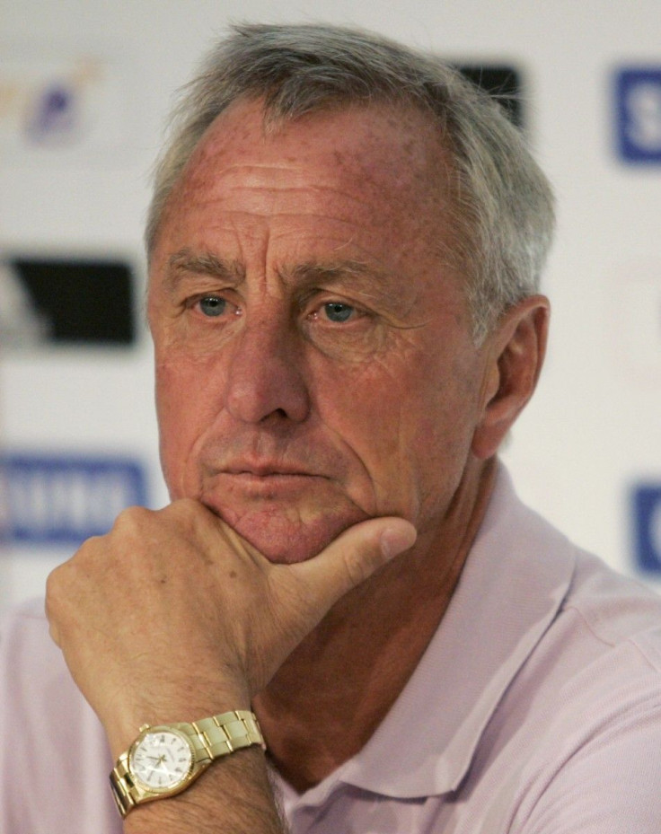 Retired football player Johan Cruyff listens during a news conference at the Omnilife stadium in Zapopan near Guadalajara October 27, 2012. Cruyff is a sporting consultant from Guadalajara Chivas, a popular football club in Mexico.