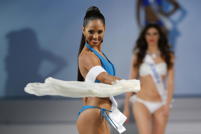 Valerie Hernandez Matias representing Puerto Rico poses in a swimsuit during the 54th Miss International beauty pageant in Tokyo
