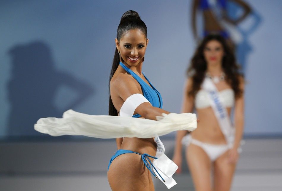 Valerie Hernandez Matias representing Puerto Rico poses in a swimsuit during the 54th Miss International beauty pageant in Tokyo