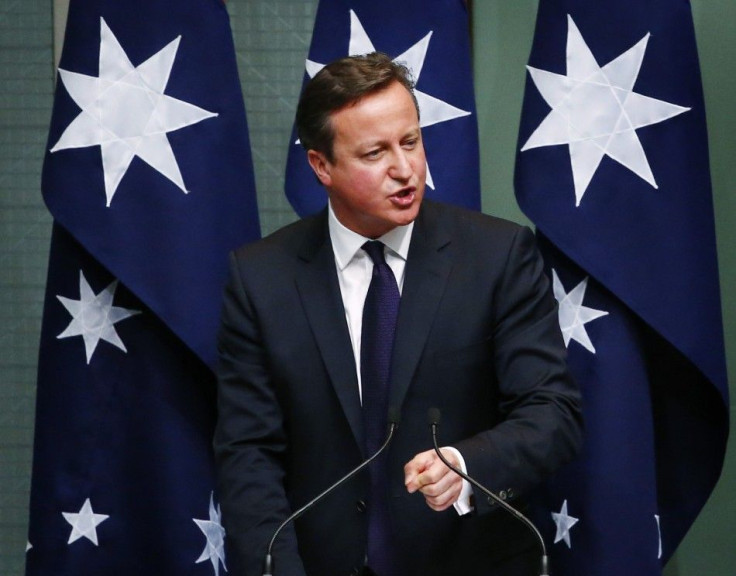 British Prime Minister David Cameron addresses a joint session of the Australian Parliament in Canberra