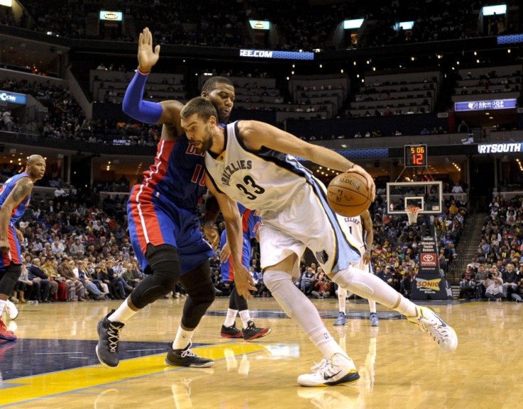 Nov 15, 2014; Memphis, TN, USA; Memphis Grizzlies center Marc Gasol (33) during the game against Detroit Pistons forward Greg Monroe (10) at FedExForum.