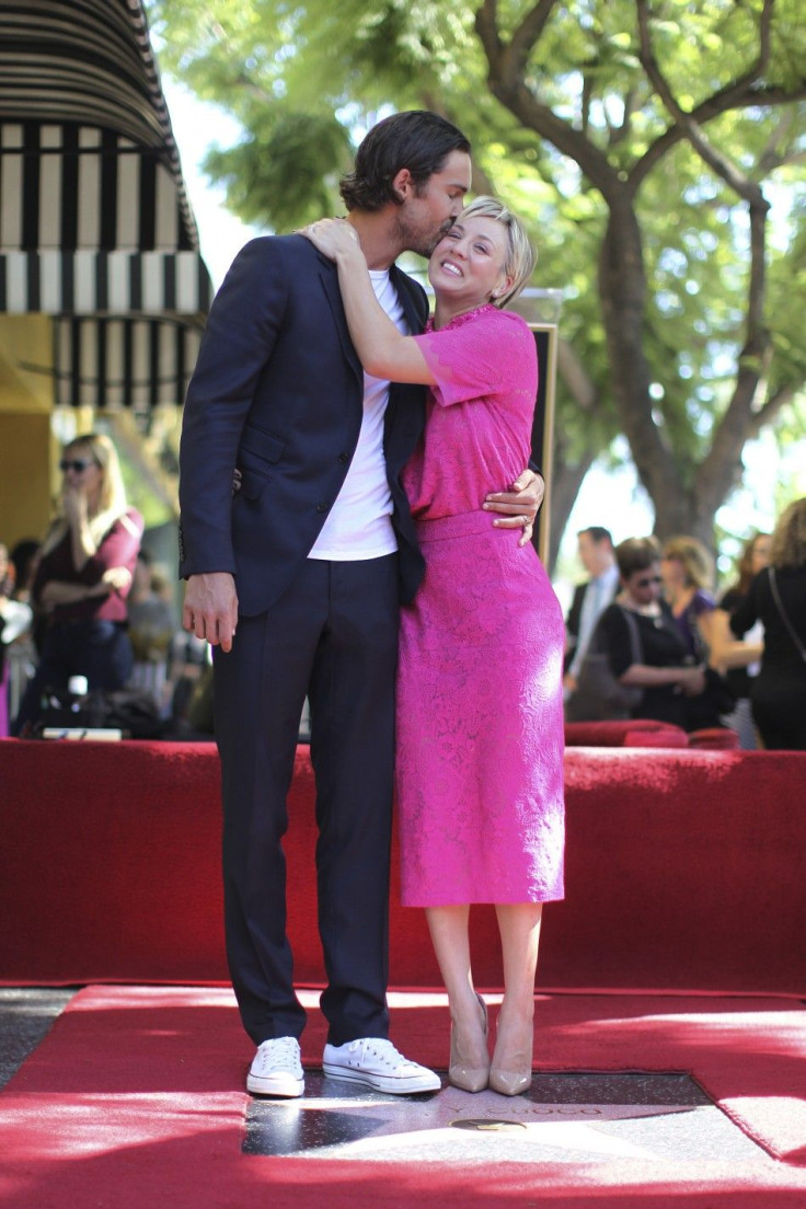 Actress Kaley Cuoco is kissed by her husband Ryan Sweeting at the dedication of her star on the Hollywood Walk of Fame in Los Angeles, California 