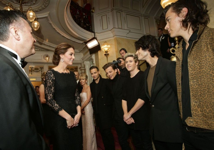 Catherine, the Duchess of Cambridge, meets boy band One Direction at the Royal Variety Performance in support of the Entertainment Artistes&#039; Benevolent Fund, at the Palladium Theatre in London November 13, 2014.