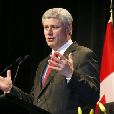 Stephen Harper Prime Minister of Canada talks at a news conference