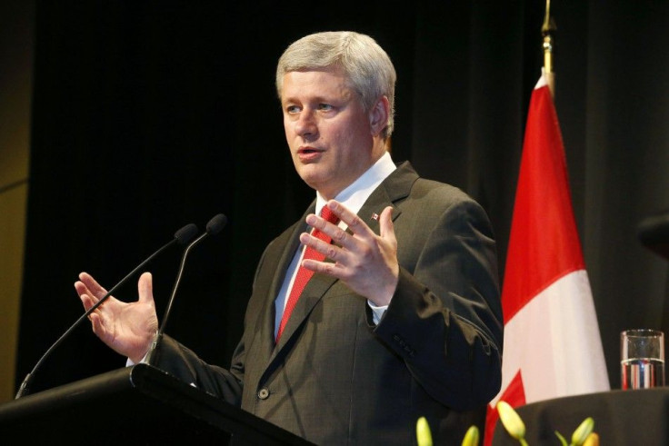 Stephen Harper Prime Minister of Canada talks at a news conference