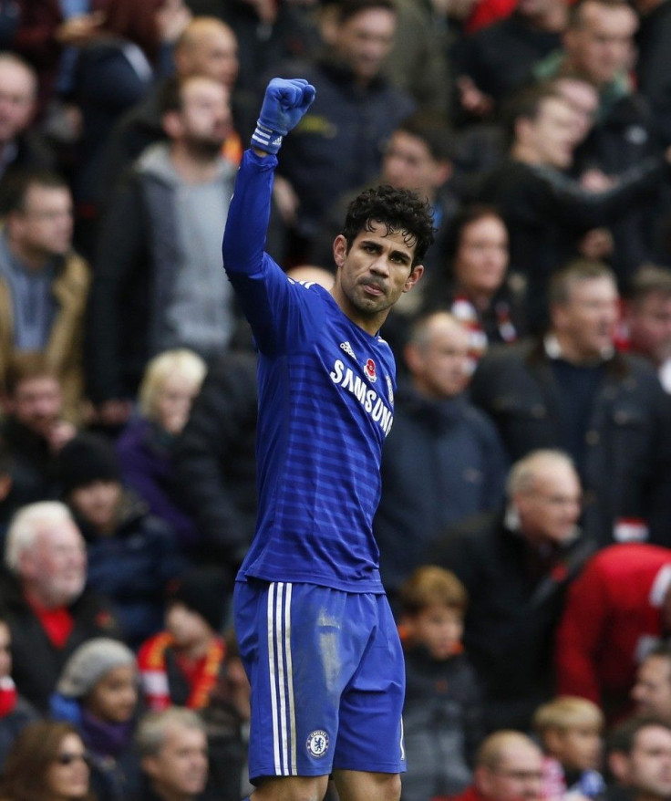 Chelsea's Diego Costa celebrates after scoring during their English Premier League soccer match against Liverpool at Anfield in Liverpool, northern England, November 8, 2014.