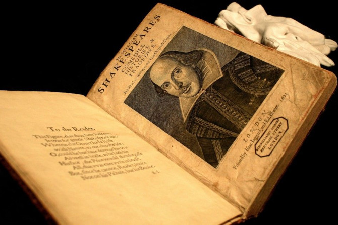 A 1623 copy of the calf-bound First Folio edition of William Shakespeare&#039;s plays is displayed at Sotheby&#039;s auction house in central London March 30, 2006.
