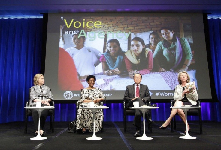 Former U.S. Secretary of State Hillary Clinton (L-R), U.N. Women's Executive Director Phumzile Mlambo-Ngcuka, World Bank Group President Jim Yong Kim and Council on Foreign Relations Senior Fellow Isobel Coleman participate in an event on empowering woman