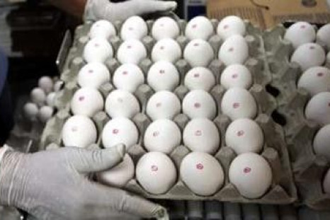Each egg is stamped with a red &quot;P&quot; to signify pasteurization