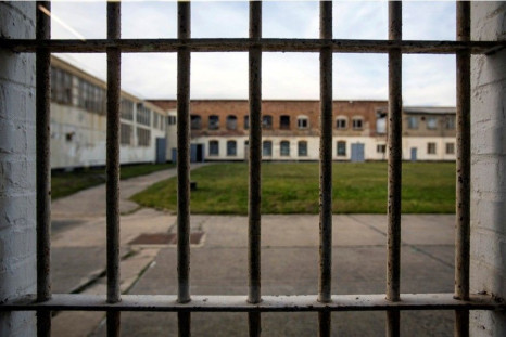 A view through a window in an exhibition area in a former prison in Cottbus