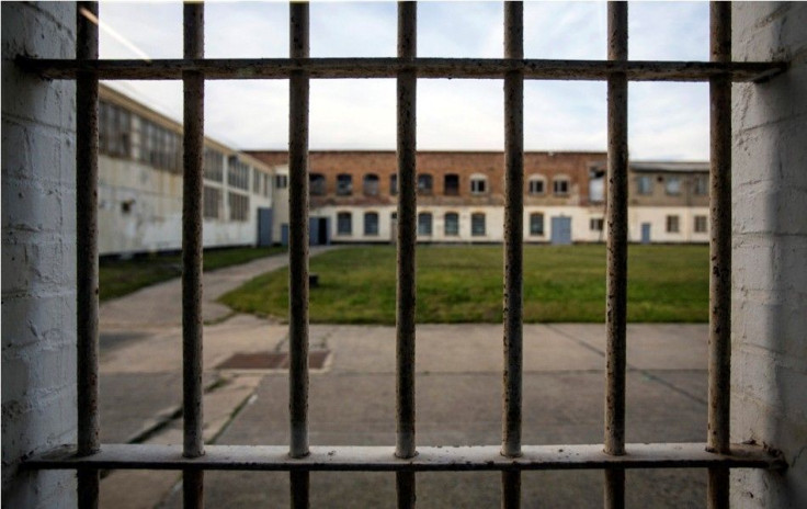 A view through a window in an exhibition area in a former prison in Cottbus