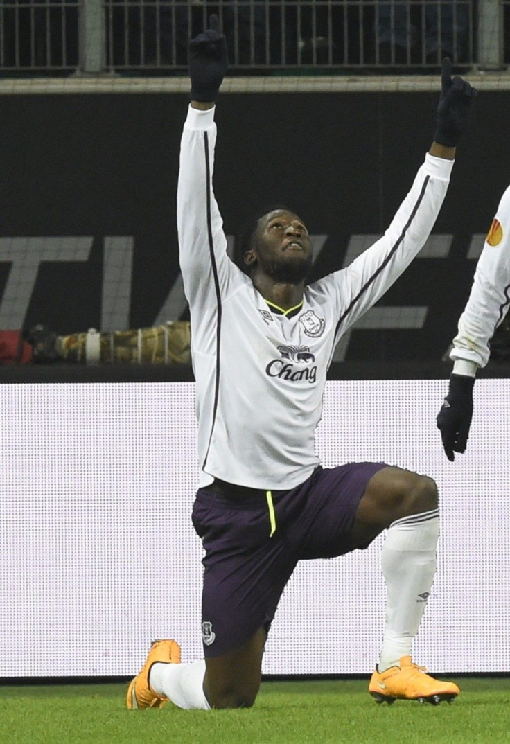 Everton&#039;s Romelu Lukaku celebrates after scoring a goal against Wolfsburg during their Europa League Group H soccer match in Wolfsburg, November 27, 2014.