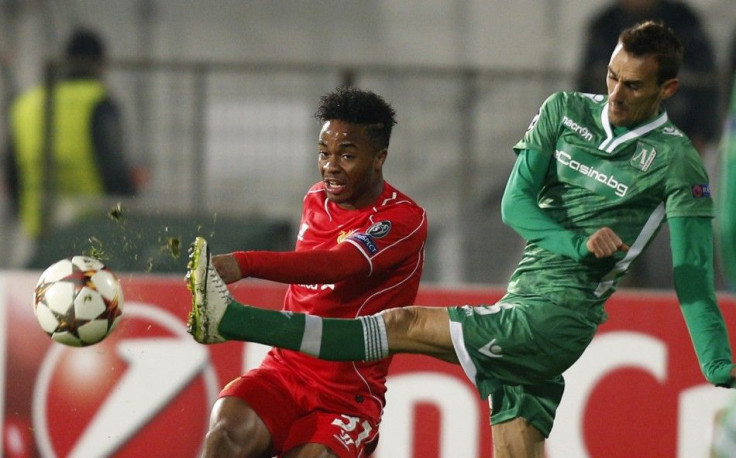 Yordan Minev (R) of Ludogorets challanges Raheem Sterling of Liverpool during their Champions League Group B soccer match at Vassil Levski stadium in Sofia, November 26, 2014.