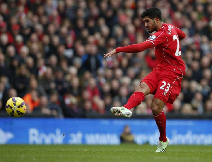 Liverpool&#039;s Emre Can shoots to score a goal during their English Premier League soccer match against Chelsea at Anfield in Liverpool, northern England, November 8, 2014.