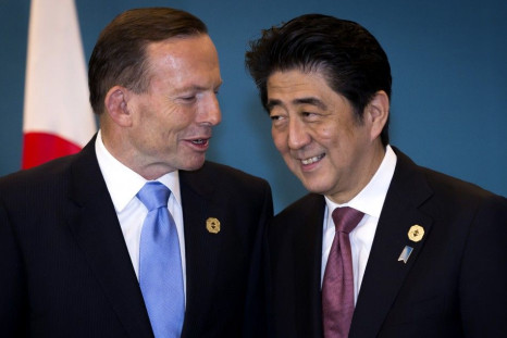 Australia&#039;s Prime Minister Tony Abbott speaks with Japan&#039;s Prime Minister Shinzo Abe