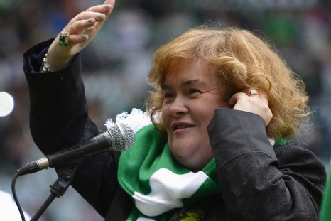 Singer Susan Boyle sings &quot;You'll never walk alone&quot; before the Champions League play-off round second leg soccer match between Celtic and Helsingborgs IF at Parkhead stadium in Glasgow, Scotland August 29, 2012.