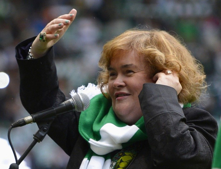 Singer Susan Boyle sings &quot;You'll never walk alone&quot; before the Champions League play-off round second leg soccer match between Celtic and Helsingborgs IF at Parkhead stadium in Glasgow, Scotland August 29, 2012.