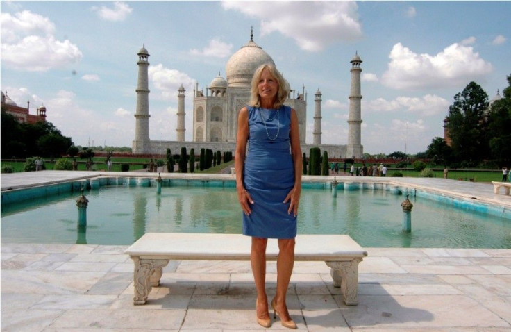 U.S. Vice President Joe Biden&#039;s wife Jill Biden poses in front of the historic Taj Mahal in the northern Indian city of Agra