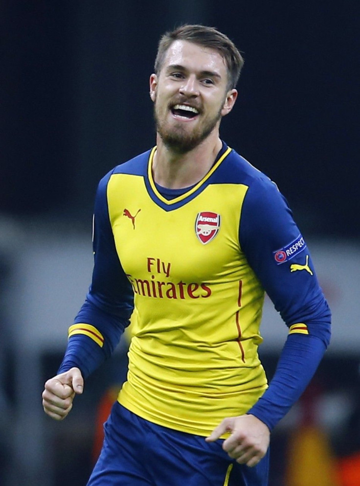 Arsenal&#039;s Aaron Ramsey celebrates his second goal against Galatasaray during their Champions League Group D soccer match at Ali Sami Yen Spor Kompleksi in Istanbul December 9, 2014.