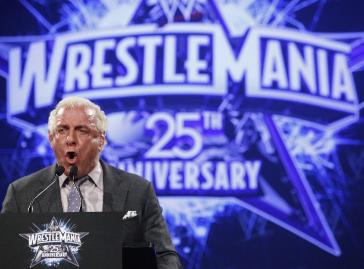 WWE Hall of Fame Wrestler Ric &quot;Nature Boy&quot; Flair speaks during a press conference for the 25th Anniversary of WrestleMania in New York March 31, 2009. The 25th Anniversary of WrestleMania will take place at Reliant Stadium in Houston, Texas Apri