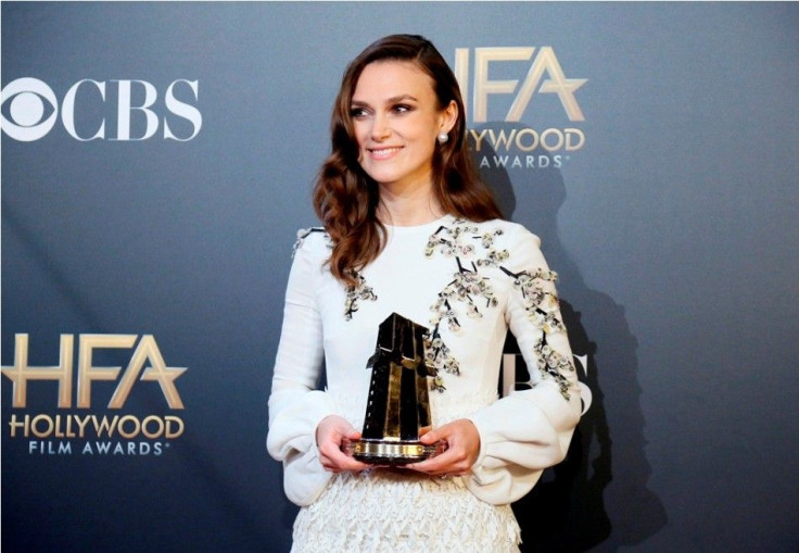 Actress Keira Knightley poses backstage with her supporting actress award for &quot;The Imitation Game&quot; at the Hollywood Film Awards in Hollywood