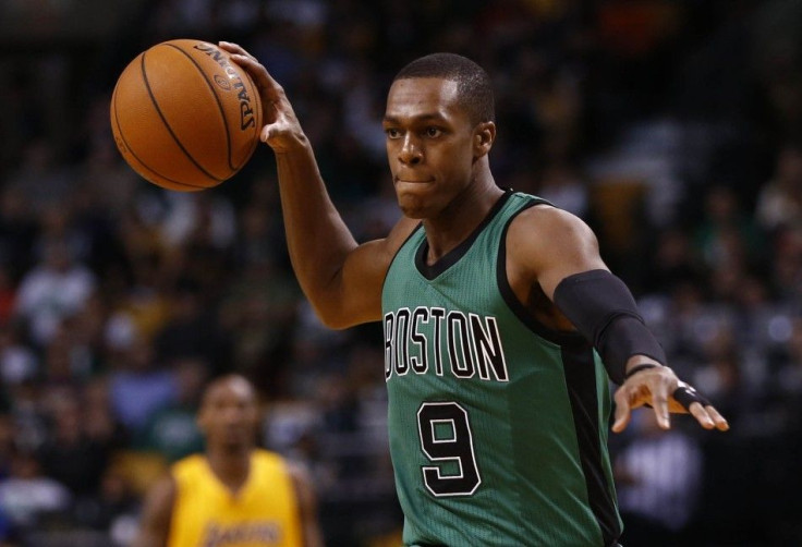 Dec 5, 2014; Boston, MA, USA; Boston Celtics guard Rajon Rondo (9) passes the ball against the Los Angeles Lakers during the second half at TD Garden. 