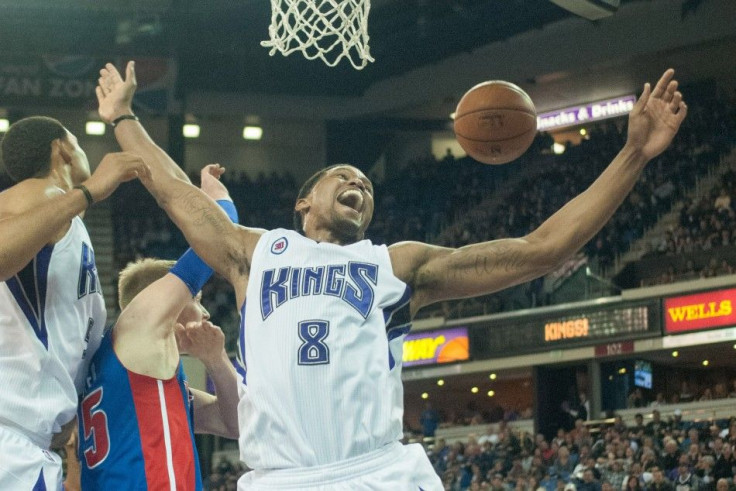 Dec 13, 2014; Sacramento, CA, USA; Sacramento Kings forward Rudy Gay (8) reacts to a foul during the third quarter of the game against the Detroit Pistons at Sleep Train Arena. The Detroit Pistons defeated the Sacramento Kings 95-90.