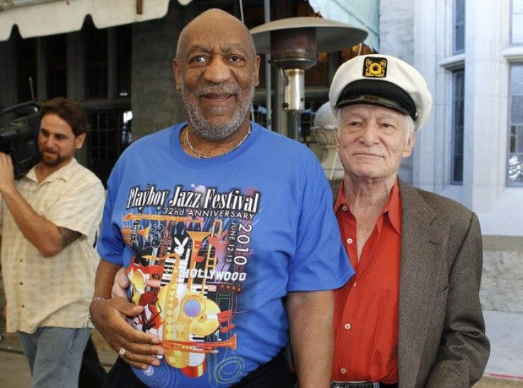 Playboy Magazine founder Hugh Hefner (R) and actor Bill Cosby arrive at a news conference for the upcoming Playboy Jazz Festival, at the Playboy Mansion in Los Angeles, California February 10, 2011.