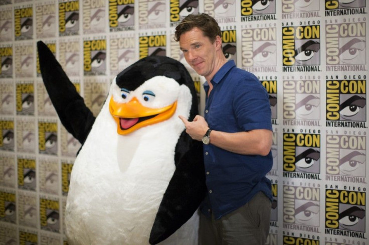 Actor Benedict Cumberbatch, who voices &quot;Classified&quot;, poses with the character &quot;Skipper&quot; at a press line for the movie &quot;Penguins of Madagascar&quot; during the 2014 Comic-Con International Convention in San Diego, California July 2