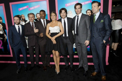 Cast members Charlie Day (L-R), Christoph Waltz, Jamie Foxx, Jennifer Aniston, Jason Bateman, Chris Pine and Jason Sudeikis pose at the premiere of &quot;Horrible Bosses 2&quot; at the TCL Chinese theatre in Hollywood, California November 20, 2014.