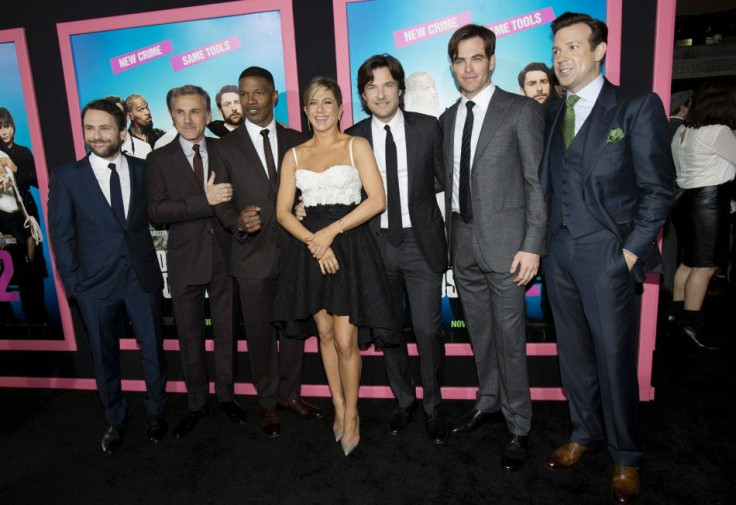 Cast members Charlie Day (L-R), Christoph Waltz, Jamie Foxx, Jennifer Aniston, Jason Bateman, Chris Pine and Jason Sudeikis pose at the premiere of &quot;Horrible Bosses 2&quot; at the TCL Chinese theatre in Hollywood, California November 20, 2014.