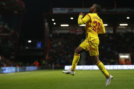 Raheem Sterling of Liverpool celebrates scoring against Bournemouth during their English League Cup quarter-final soccer match at Goldsands Stadium in Bournemouth, southwest England, December 17, 2014.