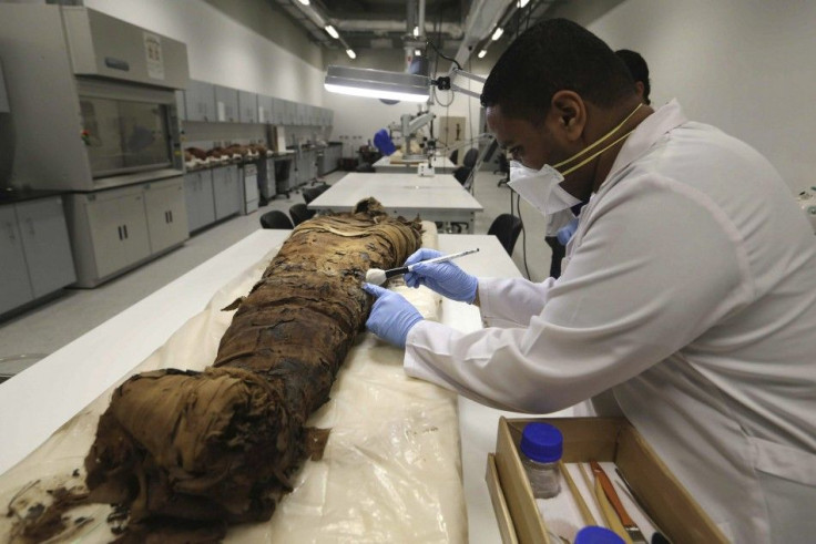 An Egyptian archaeological restoration technician works on an ancient Egyptian mummy at a restoration lab at the new Grand Egyptian Museum in Giza March 17, 2014.