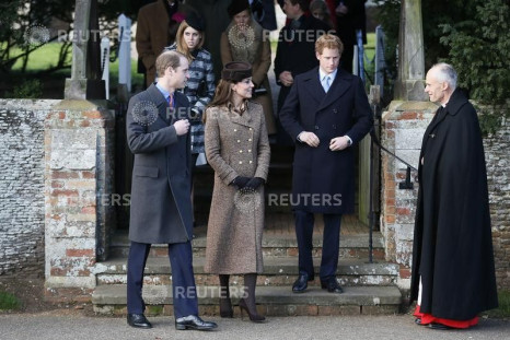 Britain's Prince William, his wife, Catherine, Duchess of Cambridge and Prince Harry leave a Christmas Day morning service