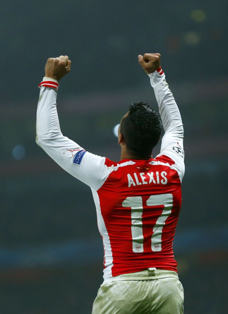 London, United KingdomArsenal&#039;s Alexis Sanchez celebrates after scoring a goal against Borussia Dortmund during their Champions League group D soccer match in London November 26, 2014.