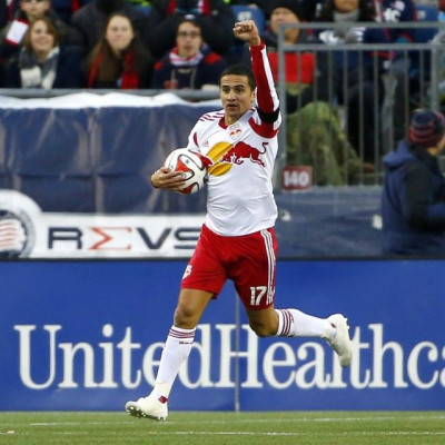 New York Red Bulls midfielder Tim Cahill (17) celebrates his goal against the against the New England Revolution during the first half of the Eastern Conference Championship at Gillette Stadium.