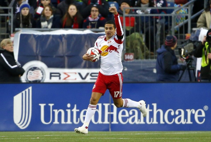 New York Red Bulls midfielder Tim Cahill (17) celebrates his goal against the against the New England Revolution during the first half of the Eastern Conference Championship at Gillette Stadium.