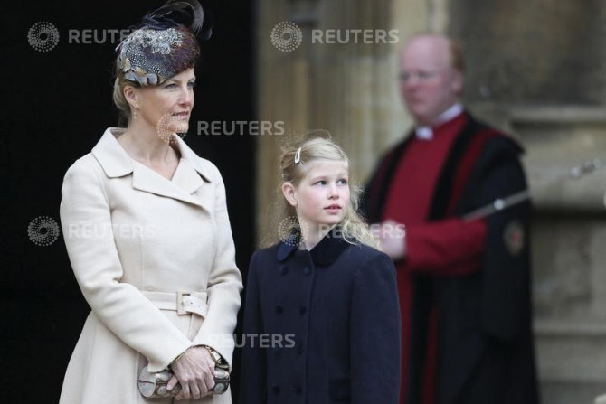 Britain&#039;s Sophie, Countess of Wessex and her daughter Louise arrive for the Easter service at St George&#039;s Chapel