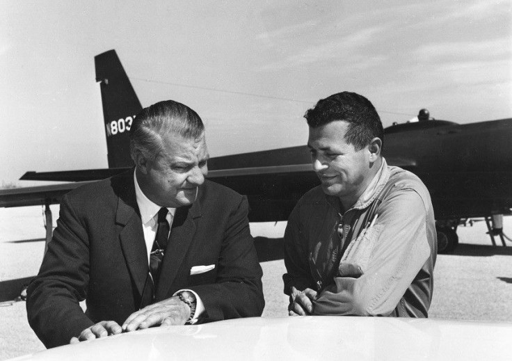 Pilot Francis Gary Powers (R) speaks with U-2 designer Kelly Johnson in this 1966 U.S. Air Force handout photo. Powers was a USAF fighter pilot recruited by the CIA in 1956 to fly civilian U-2 missions deep into Russia. Powers and other USAF Reserve pilot
