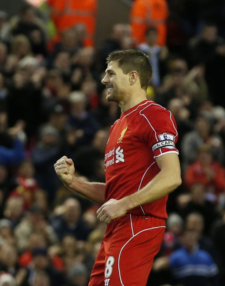 Liverpool&#039;s Steven Gerrard celebrates his goal after scoring a penalty during their English Premier League soccer match against Leicester City at Anfield in Liverpool, northern England January 1, 2015.